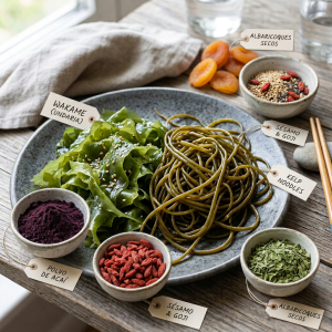 Plate of seaweed salad and soba noodles with chopsticks